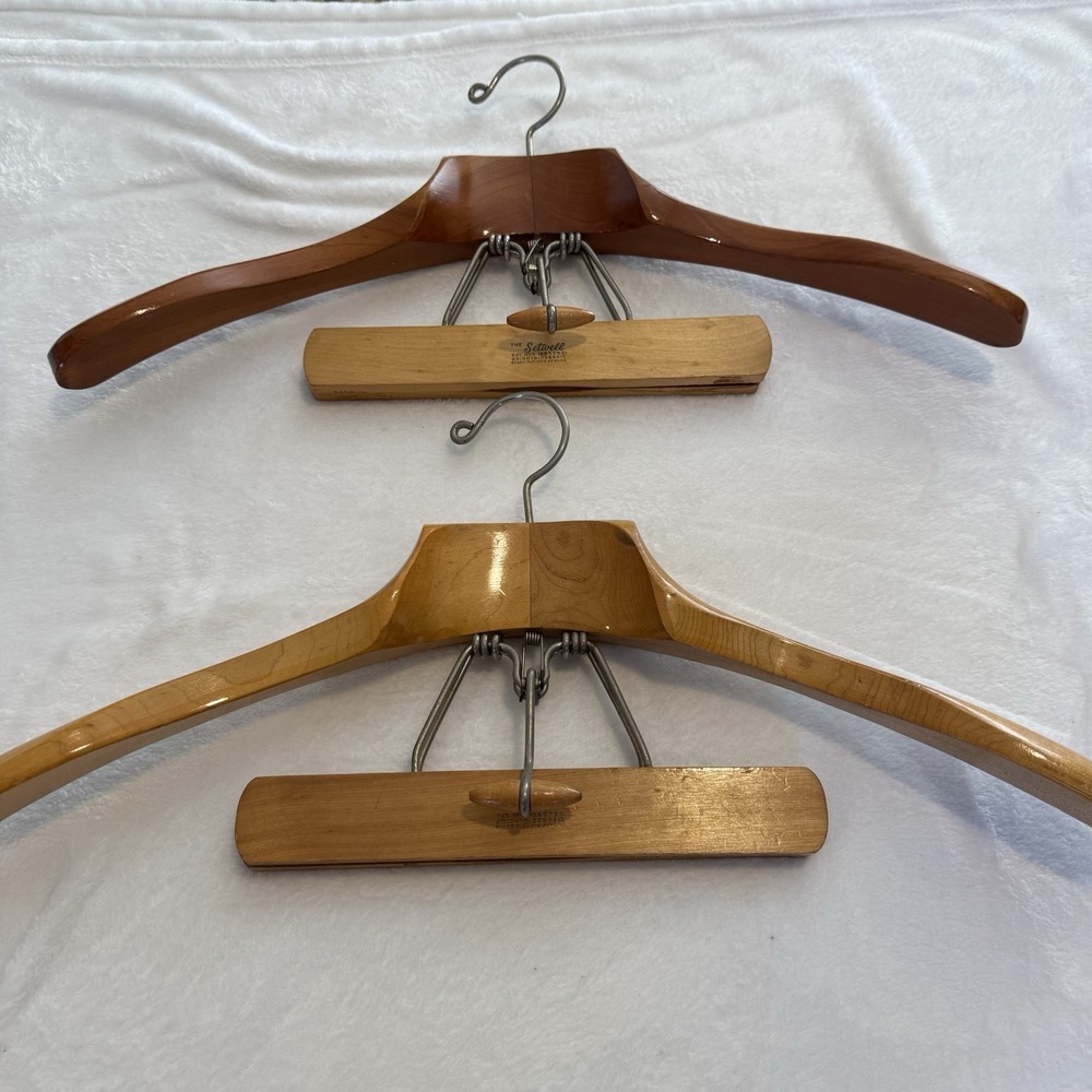 Vintage The Setwell Wooden Suit Hangers Lot 2 Coat Pants Clamp Mid Century